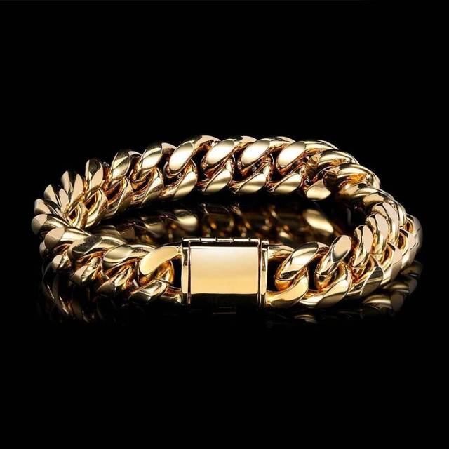 (as the picture, 23cm) New Smooth Flip Buckle Stainless Steel Cuban Chain Bracelet Real Gold Electroplating Round Grinding Encrypted Hip Hop Bracelet