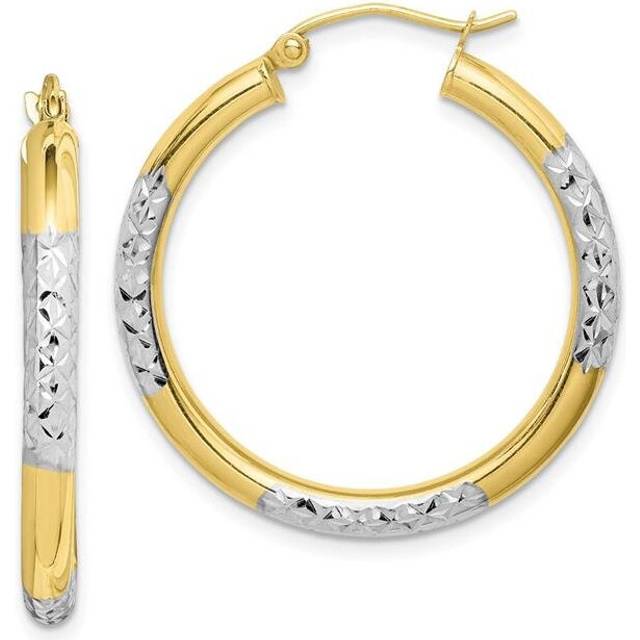 10K Yellow & Rhodium Diamond-Cut 3 mm Hoop Earrings