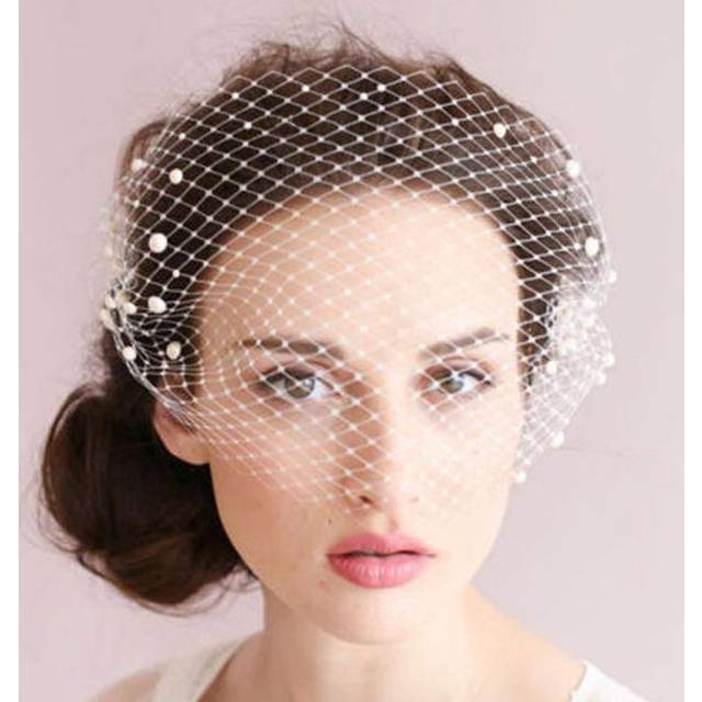 Heread 1920s Pearl Bride Wedding Birdcage Veil White Crystal Bridal Headpiece Accessories with Comb for Women and Girls