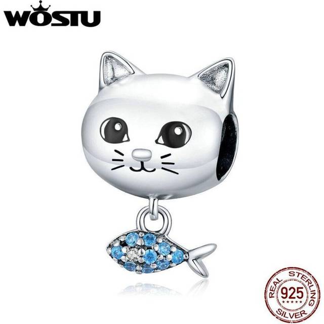 (925 silver) Wostu Original Design Cat Love Fish Genuine 925 Sterling Silver Tiny Pendant Animal Charm