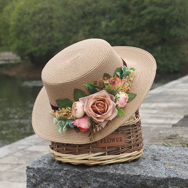 (Light Coffee, One Size Fits All) Handmade Flower Straw Hat Solid Color Elegant Beach Sunscreen Hat