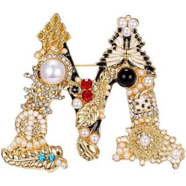 (as the picture, M) Brooch Pin New Small Charming Brooch Pin Women Rhinestone Faux Pearl Brooch Pin Alphabet Brooch Pin For Club - White