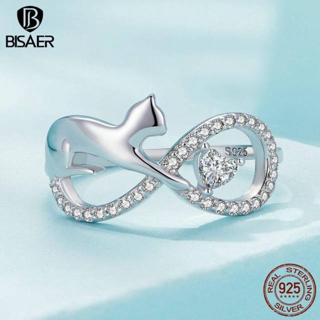 (8) Bisaer 925 Sterling Silver Cute Cat Promise Rings Infinite Heart Zircon Pet Animal Ring Plated Platinum Fine Jewelry For Women