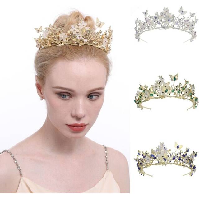 Lovely Butterfly Flower Pearl Crystal Large Tiara Crown Pageant Prom 8 Colors - White
