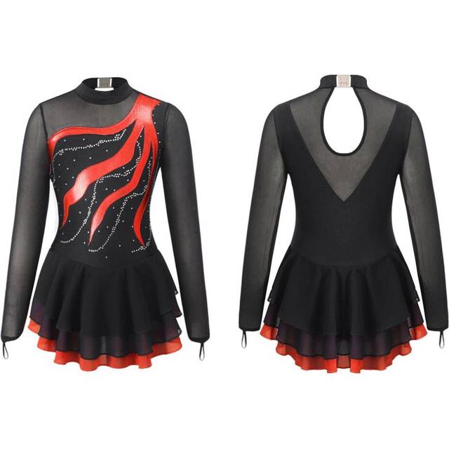 (red, 15-16 Years) Kids Girls Long Sleeve Rhinestone Decorated Hollow Back Dance Dress Girls&apos; Figure Ice Skating Leotard Dress