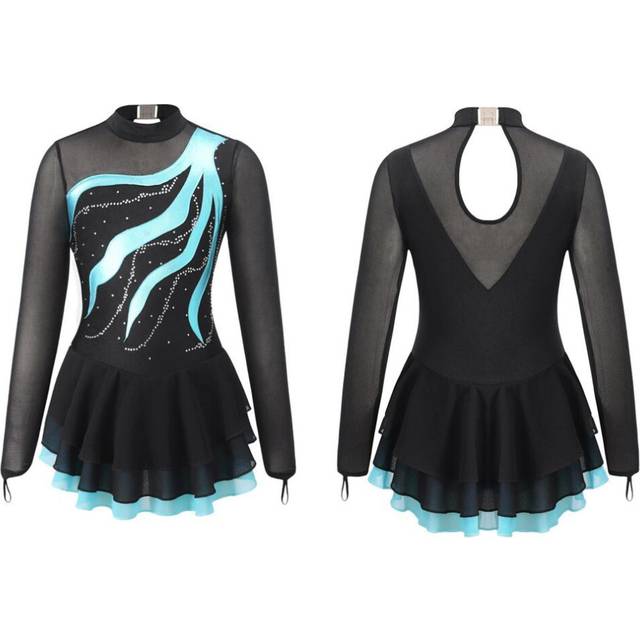 (lake green, 15-16 Years) Kids Girls Long Sleeve Rhinestone Decorated Hollow Back Dance Dress Girls&apos; Figure Ice Skating Leotard Dress