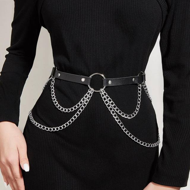 (Belly Chains) Women Sexy Body Chain Jewelry Pu Leather Waist Belt With Chains Festival Chain