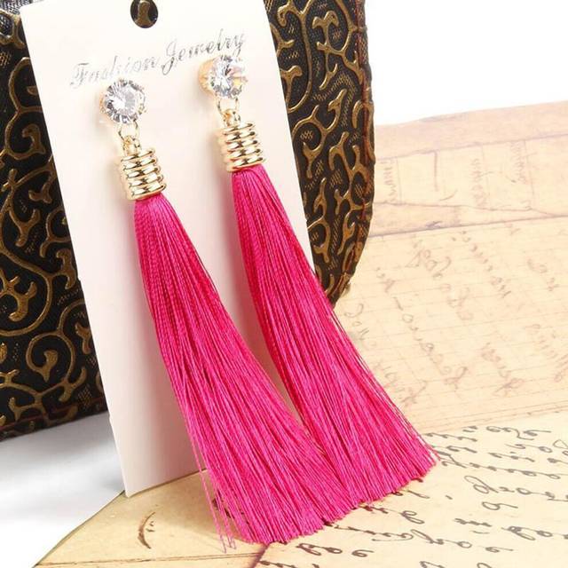 (persian rose) Bohemian Tassel Earring Black White Blue Red Silk Fabric Long Drop Dangle Earrings For Women Jewelry