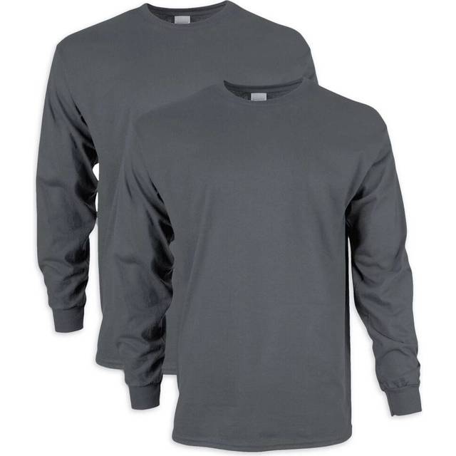 (Charcoal, M) 2 Pack Mens Cotton Crew Neck Long Sleeve Blank Plain Basic T-Shirt Tee Top Bulk