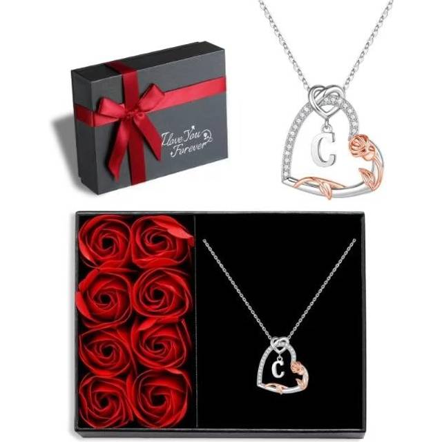 Iefil Forever Love Gifts for Her  925 Sterling Silver Rose Heart Initial C Letter Pendant Necklace for Women Anniversary Valentines Day Gifts for Her
