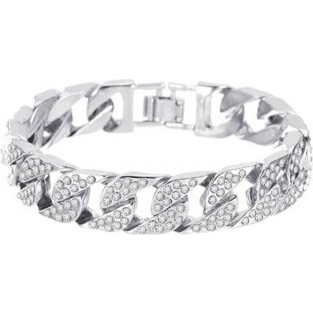 (white) Women Rhinestone Inlaid Cuban Link Chain Bracelet Jewelry Gift