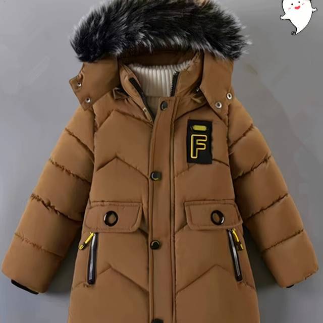 (Khaki Color, 9-10Y) Preppy Style Kids' Winter Snow Suit - Polyester Padded Jacket with Stand Collar