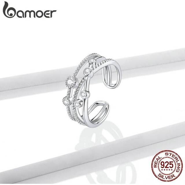 (925 silver) Bamoer 925 Sterling Silver Multi-layered Shining Stars Ring For Women Adjustable Statement Ring
