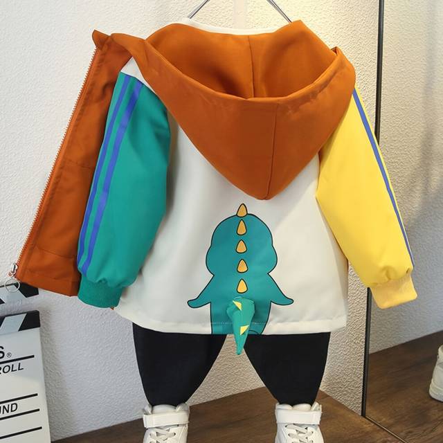 (Coffee color, 3-4Y) Baby Boy's Contrasting Colors Dinosaur Cartoon Patterns Hooded Coat, Zip-up Casual Childlike Tops