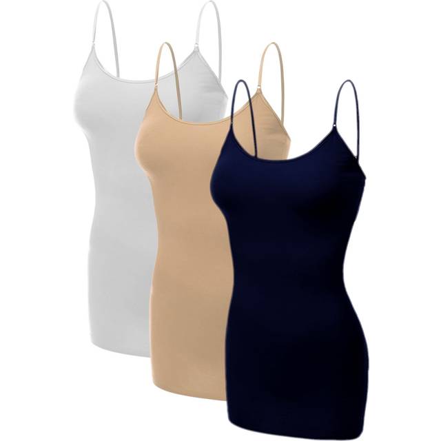 Emmalise Womens Basic Plus Size Long camisole cami Top Value combo - 3Pk - White  Navy  Khaki  1XL