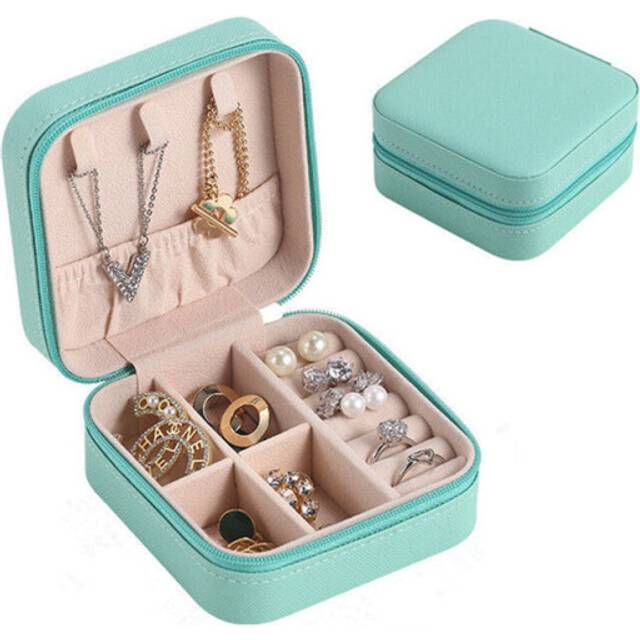 Portable Travel Jewellery Box Organizer Leather Ornaments Jewelry Case Storage 10*10*5cm Blue