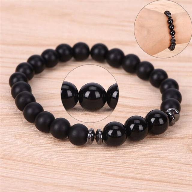 (black, Adjustable) Classic Mens Black Tourmaline Matte Agate Stone Protection Yoga Beaded Stretch Bracelet