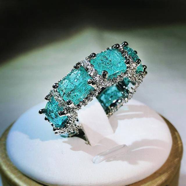 (green, 8) High -end Jewelry Heavy Industry Inlaid Aquamarine Topaz Ring Ladies 925 Silver Paraiba Ring Party Birthday Gift