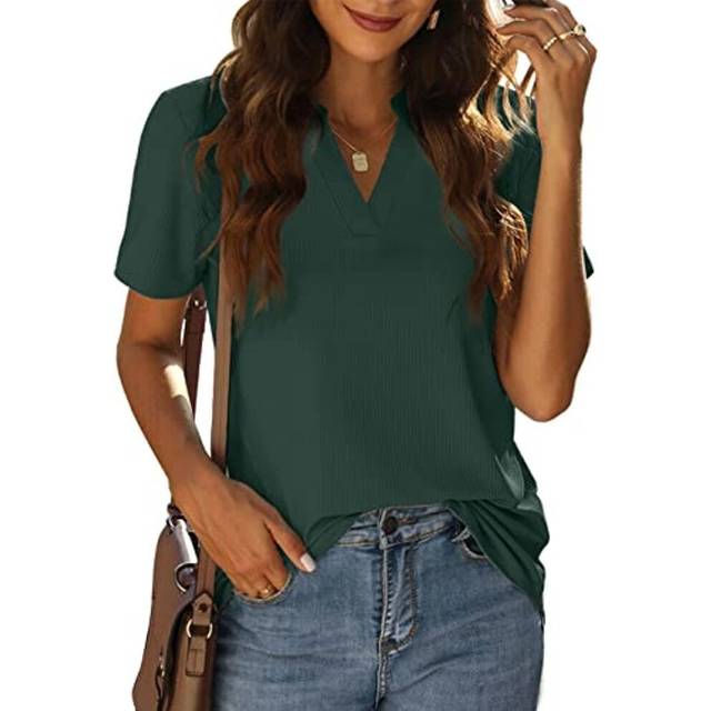 (Dark green, S) Women T-Shirt V Neck Tops Loose Summer Ribbed Tees