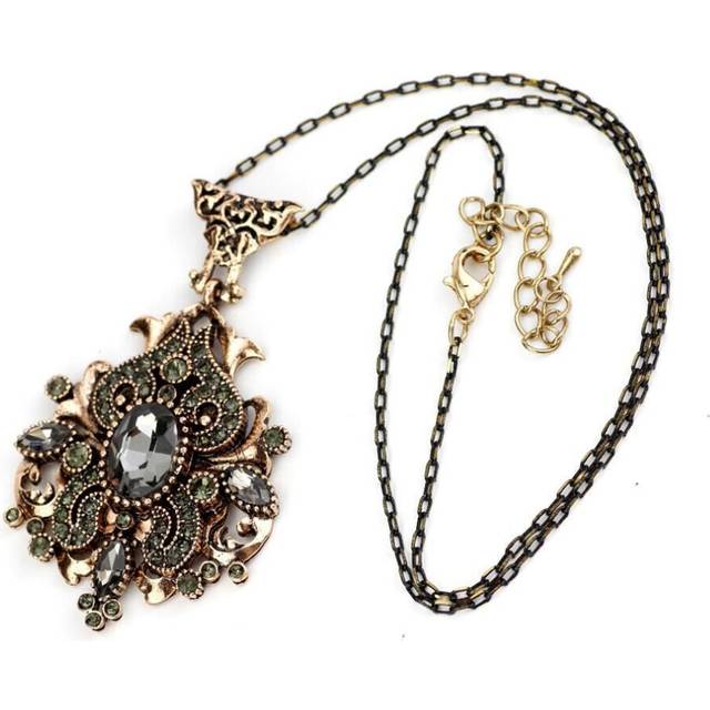(grey) Sunspicems Vintage Grey Crystal Necklace For Women Turkish Antique Gold Color Pendant Necklace Ethnic Wedding Jewelry Gift