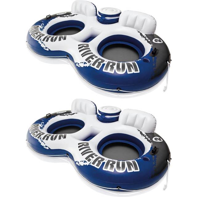 Intex River Run II Lightweight Durable 2 Person Water Tubes Outdoor Pool or Lake Floating Raft Lounger with Built in Cooler and Cupholders  Blue/White