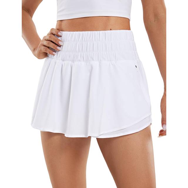 CRZ YOGA Athletic Shorts for Women High Waisted Flowy Ruffle Skirt Overlay for Workout Running Tennis with Zip Pocket White Medium