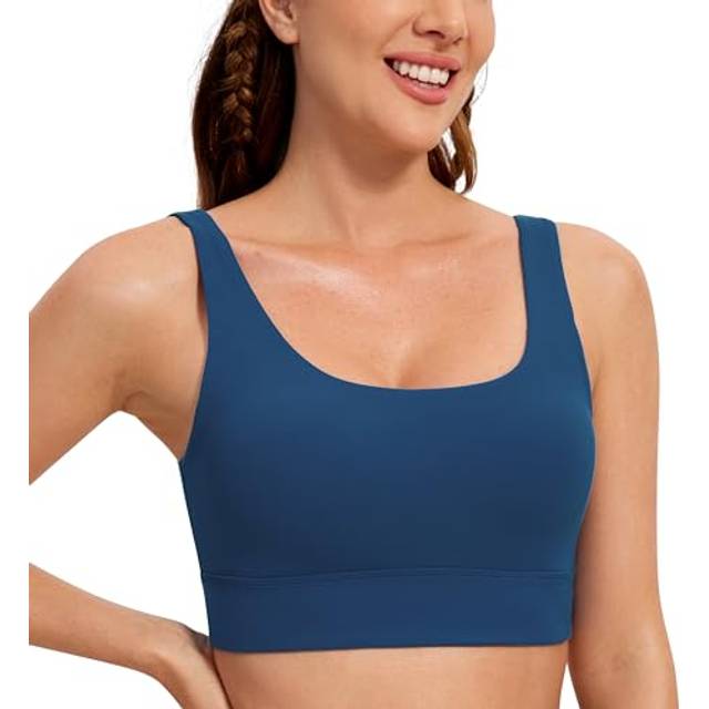CRZ YOGA Butterluxe Womens U Back Sports Bra - Scoop Neck Padded Low Impact Yoga Bra Workout Crop Top with Built in Bra True Navy X-Large