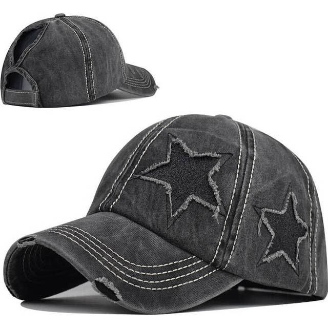 (Black) Duck Tongue Cap Pure Cotton Washed Ponytail Holes Five Pointed Star Baseball Cap