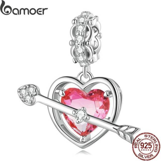 (A) Bamoer 925 Sterling Silver Arrow And Rose Red Love Hanging Bead Pink Love Heart  Zircon Pendant For Women Valentine&apos;s Day Gift Jewerly