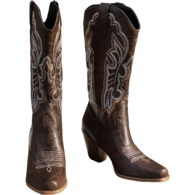 Shein Women New Autumn Forest Style Brown Outdoor Fashionable Western Embroidery Boots Cowboy Boots For Women