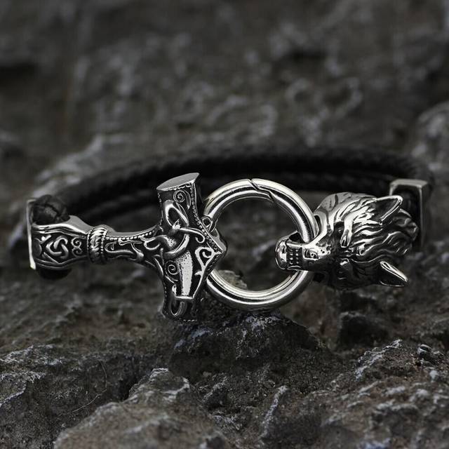 (silver) 1pc Viking Wolf Head Thor Hammer Bracelet, Viking Men's Jewelry, Viking Wolf Head Bracelet, Viking Jewelry Gift - Silver