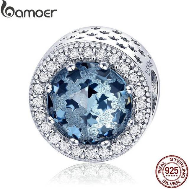 (SCC730) Bamoer 100% 925 Sterling Silver Sparkling Star Pave Blue Cz Beads Fit Women Charm Bracelets