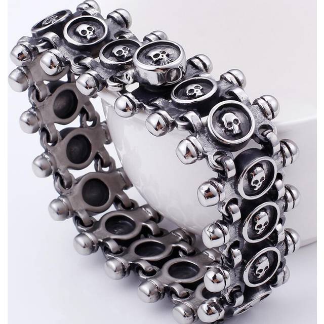 (as the picture, 20cm) Punk Rocker Skull Bracelet For Men Quality 316l Stainless Steel Massive Jewellery Gothic 26mm Wide Mens Skeleton Bracelets 2022