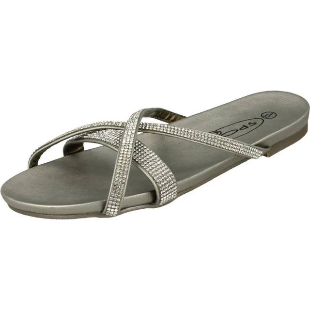 (UK 7, Silver) Ladies Spot On Diamante Flat Sandals