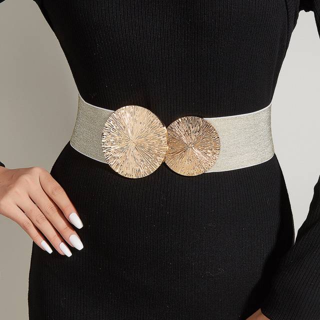 (Gold) Style Ins Wide Elastic Belt With Double Circle Buckle For Coat Dress Belt