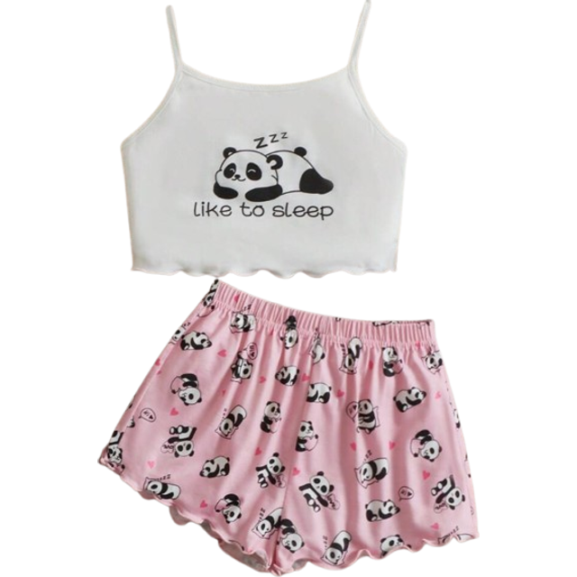 Tween Girl Panda & Slogan Grafisk Sallad Trim Cami Top & Shorts PJ Set - Multifärgad (6Y,7Y,8Y,9Y,10Y,11-12Y,13-14Y)