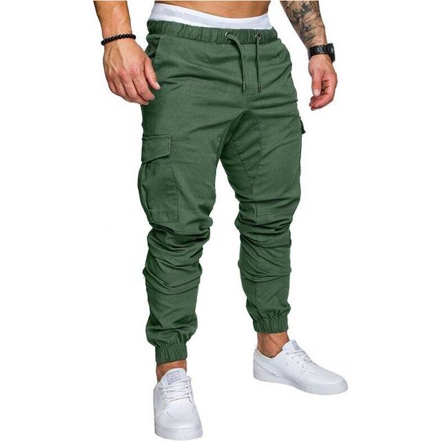 (Green, 3XL) UK Mens Elasticated Waist Cargo Combat Work Trousers Joggers Pocket Cuffed Pants