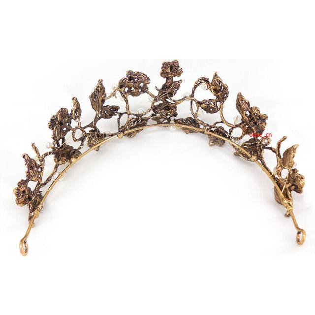 Antique Brass Flower Leaf Pearl Crystal Adult Tiara Crown Wedding Prom Queen - Green