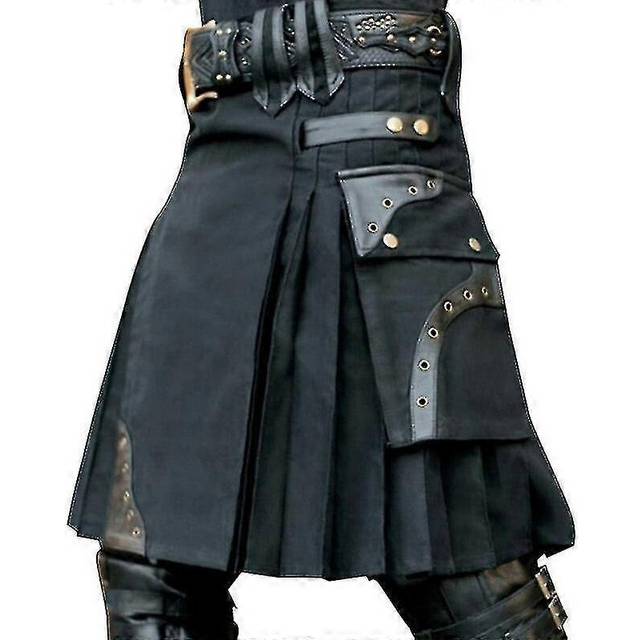 (XXL, One size) Medieval New Scottish Men Kilt Traditional Solid Skirt Metal Classic Retro Personality Kilts Check Pattern Pocket Pleated Skirts Color
