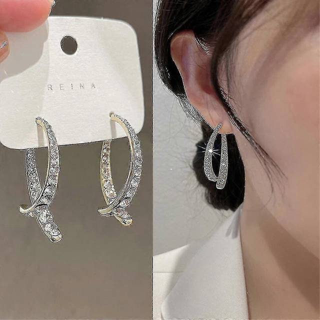 (As show, One size) Women Cross Curved Earrings Curved Stick Front Back Linear Drop Earrings Rhinestone