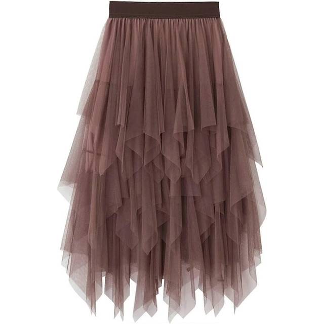 (M, One size) Women&#39;s Fashion Mid-length Tulle Skirt. Solid Color Elastic High Waist Irregular A-line Skirt S-2xl
