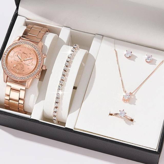 (rose gold) 6pcs Set Luxury Watch Women Ring Necklace Earrings Rhinestone Fashion Wristwatch Female Casual Ladies Watches Bracelet Set Clock - Gold