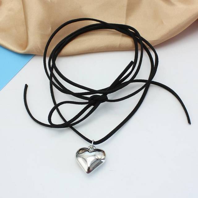 (silver) Diy Jewelry Goth Black Velvet 25mm Heart Pendant Choker Necklace For Women Weave Knotted Bowknot Adjustable Chain Jewelry