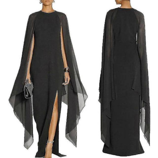 (L, BLACK) Women&#39;s Elegant High Split Flare Sleeve Formal Evening Gowns Maxi Dress
