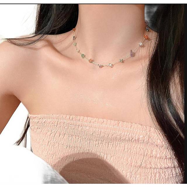 (Necklace, One size) Korean Simple Colored Stone Chain Necklace For Women Golden Party Beach Clavicle