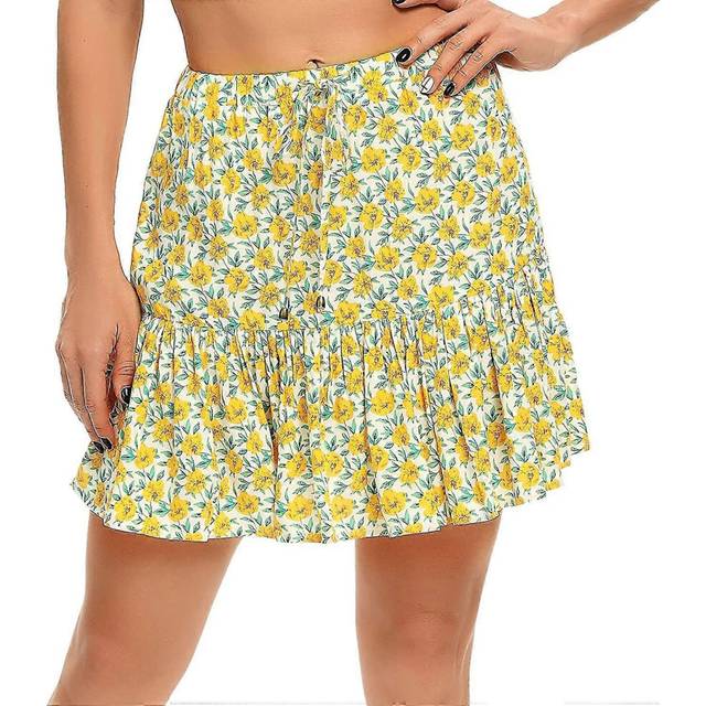 (L, Style1) Women&#39;s Flared Short Skirt Floral/solid Ruffle Mini Skater Skirt S-2xl