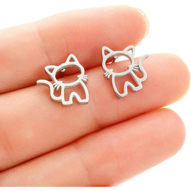 1 Pair Cute Cat Stainless Steel Stud Earrings For Womens Punk Jewelry Gifts Trend Fashion Small Ear Studs Jewelry