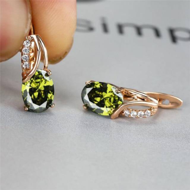 (olive green) Aqua Blue Zircon Oval Stone Earrings Multicolor Crystal Hoop Earrings Rose Gold Color Engagement Earrings For Women Boho Jewelry