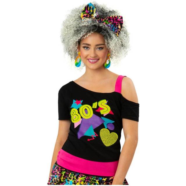 (S, Black) Smiffys Womens/Ladies 1980s Printed One Shoulder T-Shirt