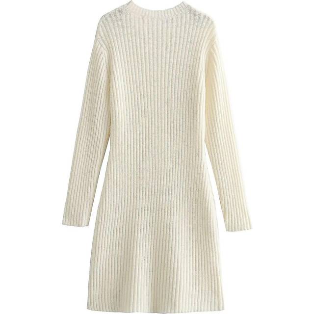(Milk white, One size) French Retro Round Neck Loose Fitting Long Sleeved Knitted Dress